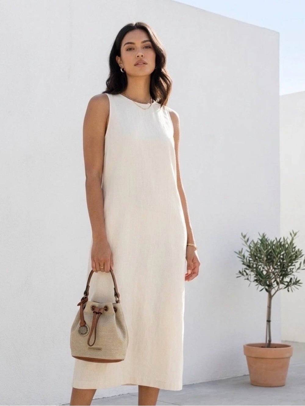 Neutral Cream Bucket Shoulder Bag with Brown Leather Trim